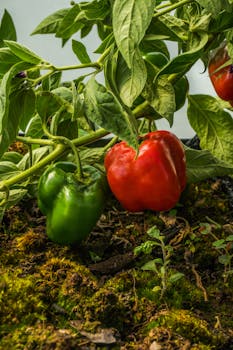 Close-up of red and green peppers growing organically in Guasca, Colombia.
